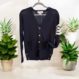 Thom Browne Navy Cardigan with Iconic Stripes